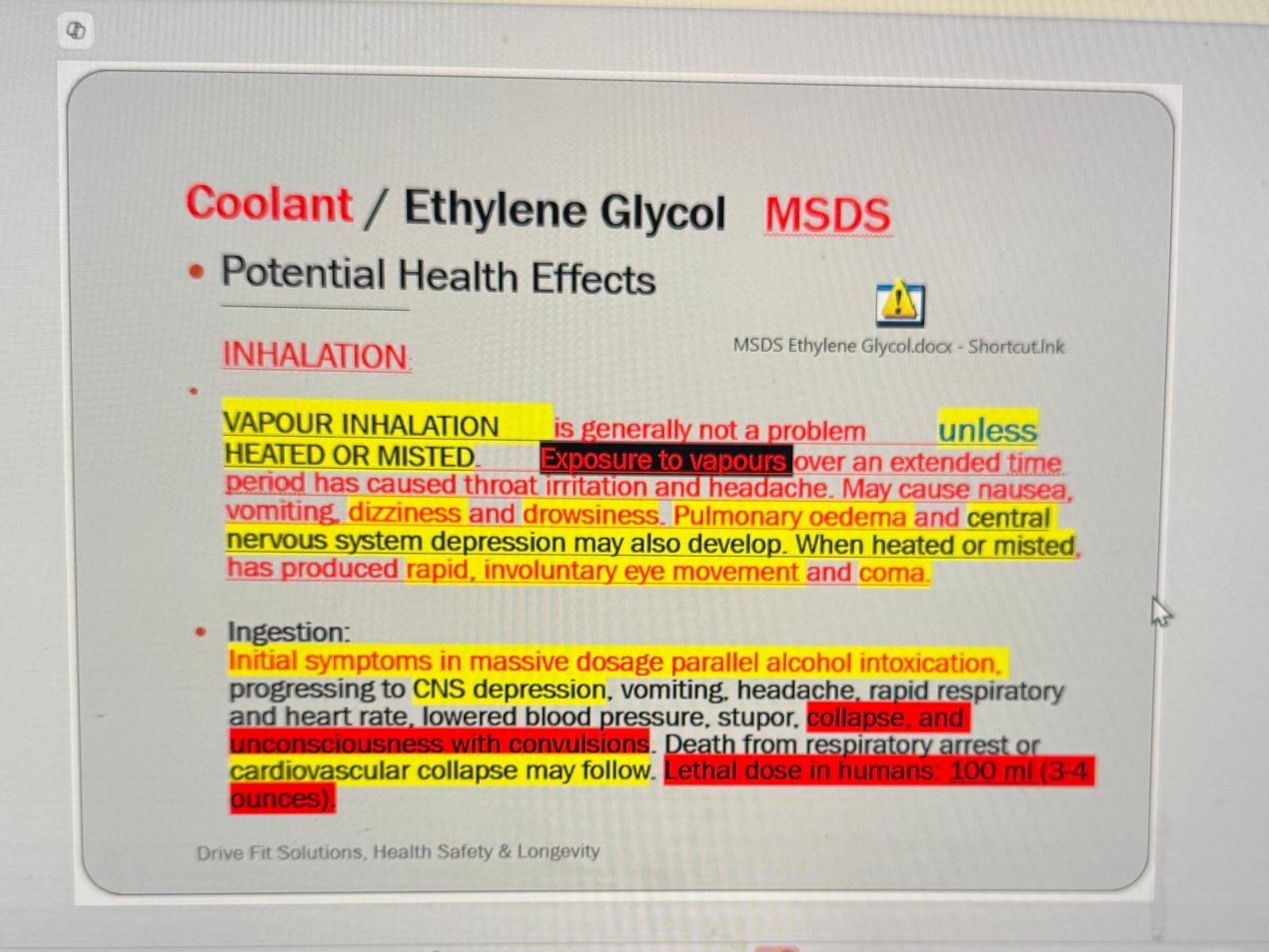 Coolant / Ethylene Glycol MSDS